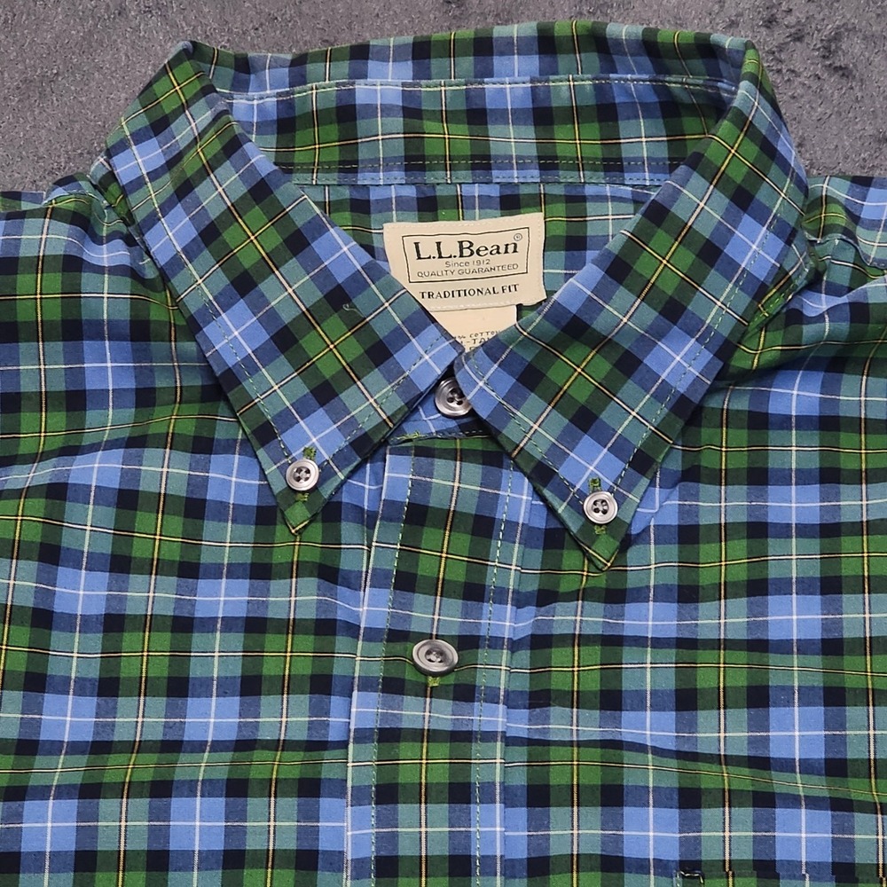 L.L. Bean Men's Plaid Button-Down Long Sleeve Cotton Blue Green Shirt XXLT